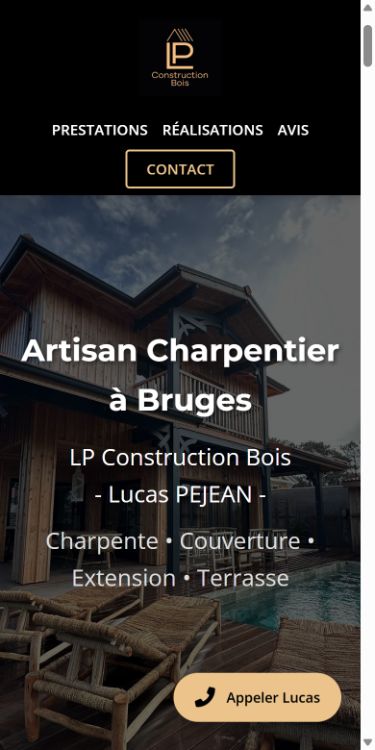 Le site de LP Construction Bois sur mobile : métier, réalisations et bouton Appeler Lucas